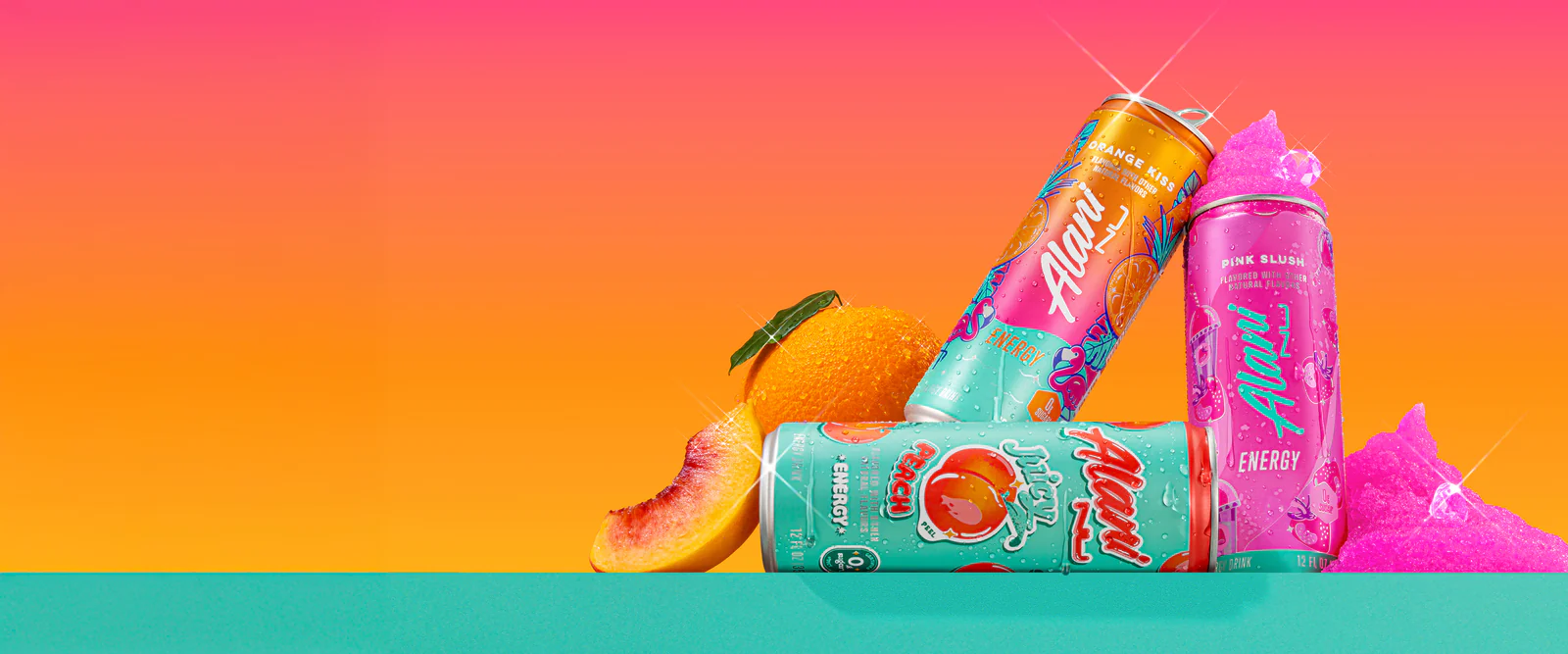 Three colorful energy drink cans are displayed with an orange and peach, against a vibrant pink and orange gradient background.